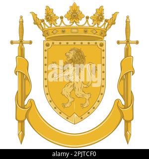 Vector design of heraldic shield of the Middle Ages, noble shield of the European monarchy with rampant lion, crowns, ribbon and swords Stock Vector