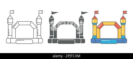 Bouncy castle inflatable house icon. Trampoline on playground for jumping kids and games in park. Vector outline silhouette and color pictogram Stock Vector