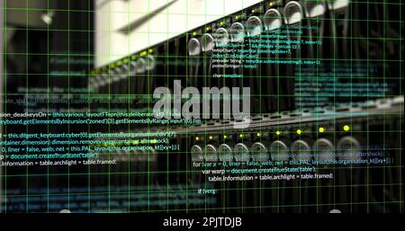 Image of data processing and squares over server room Stock Photo