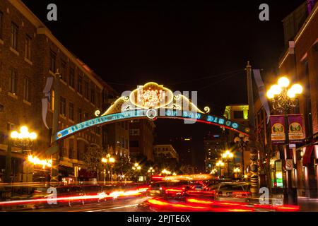 Illuminated Street Lights  in the Historic Gaslamp Quarter, San Diego, California, USA Stock Photo