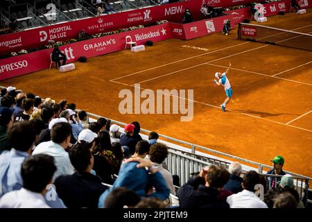 Estoril, Portugal. 03rd Apr, 2023. Diego Schwartzman from Argentina plays against Marco Cecchinato from Italy during the men's singles match on day three of the Millennium Estoril Open 2023 - ATP 250 tennis tournament. Marco Cecchinato won 6-3, 7-6. (Photo by Henrique Casinhas/SOPA Images/Sipa USA) Credit: Sipa USA/Alamy Live News Stock Photo