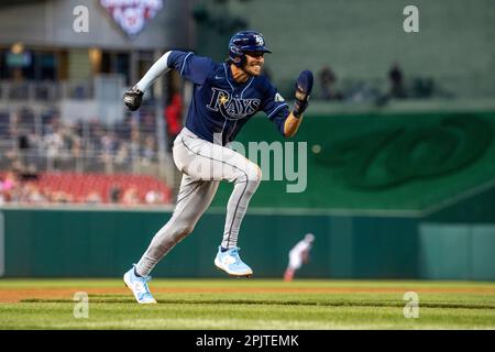 WASHINGTON, DC - APRIL 03: Tampa Bay Rays third baseman Isaac Paredes (17)  celebrates after hitting a home run during the Tampa Bay Rays versus  Washington Nationals MLB game at Nationals Park