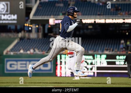 WASHINGTON, DC - APRIL 03: Tampa Bay Rays third baseman Isaac Paredes (17)  celebrates after hitting a home run during the Tampa Bay Rays versus  Washington Nationals MLB game at Nationals Park