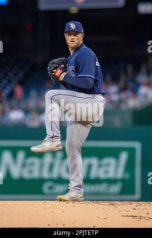 WASHINGTON, DC - APRIL 03: Tampa Bay Rays third baseman Isaac Paredes (17)  celebrates after hitting a home run during the Tampa Bay Rays versus  Washington Nationals MLB game at Nationals Park