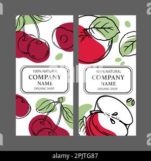 CHERRY AND RED APPLE Label Templates Design Of Stickers For Shop Of Tropical Organic Natural Fresh Juicy Fruits And Dessert Drinks In Vintage Vector C Stock Vector