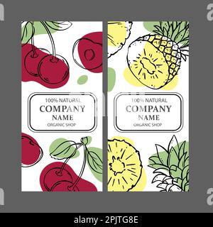 CHERRY AND PINEAPPLE Label Templates Design Of Stickers For Shop Of Tropical Organic Natural Fresh Juicy Fruits And Dessert Drinks In Vintage Vector C Stock Vector