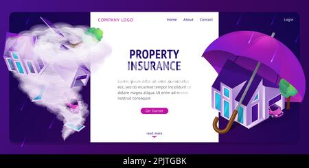Property insurance isometric landing page. Real estate building stand under huge umbrella, crashed house inside of tornado twister. Home accident protection service, 3d vector illustration, web banner Stock Vector