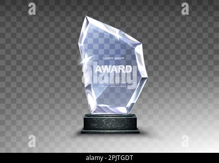 Glass award trophy or winner prize realistic vector illustration. Transparent crystal plate or acrylic diamond frame on black marble pedestal, isolared front view with light and shadow Stock Vector