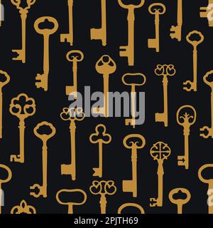 Vintage seamless pattern with different antique keys in gold metal on black background. Stock Vector