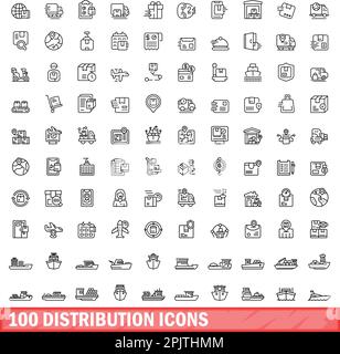 100 distribution icons set. Outline illustration of 100 distribution icons vector set isolated on white background Stock Vector