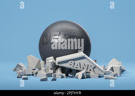 Large ball lettering DEBT ruined a bank, blue background. Financial problem and failure. Concept of collapse, crisis and bankruptcy. 3D rendering illu Stock Photo