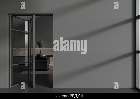 Interior of stylish office hall with gray and beige walls, dark floor and gray mock up wall with glass door on the left. 3d rendering Stock Photo