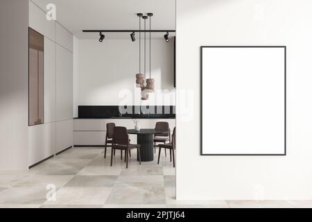 White home kitchen interior with dinner table, chairs and shelves with kitchenware, light tile concrete floor. Stylish cooking and dining space. Mock Stock Photo