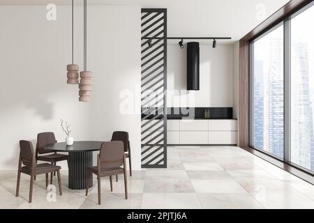 White home kitchen interior with dinner table, cooking zone with shelves and kitchenware behind partition. Panoramic window on Singapore skyscrapers. Stock Photo