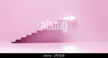 Ascending stairs of rising staircase to arrow. Stairs going upward, business rise, forward achievement businesswoman concept. 3d rendering. Stock Photo
