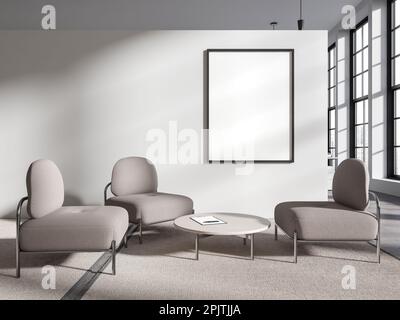 White office relax room interior with three soft armchairs, coffee table with decoration and mockup canvas poster. Panoramic window on skyscrapers. 3D Stock Photo