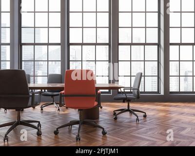 Close up of modern meeting room with gray walls, wooden floor, long conference table with pink and black chairs and big windows with cityscape. 3d ren Stock Photo