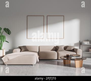 White living room interior with sofa, shelf with stylish art decoration, grey concrete floor. Scandinavian relax place and two mock up canvas posters. Stock Photo