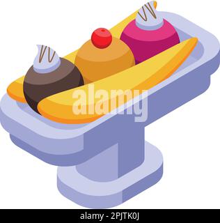 Bowl banana split icon isometric vector. Cherry cream. Ice food Stock Vector