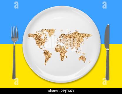 Global food crisis concept. World map made of wheat grains in plate and cutlery on background in colors of Ukrainian flag, flat lay Stock Photo
