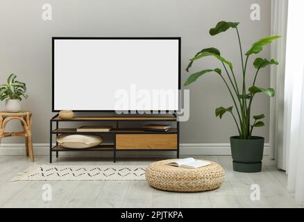 Stand for TV set in modern white living room Stock Photo Alamy