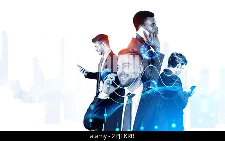 Portrait of diverse business team members using smartphones over cityscape background with double exposure of financial graphs. Concept of trading Stock Photo