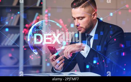 Young businessman using smartphone in blurry office with double exposure of immersive decentralized exchange interface. Concept of cryptocurrency Stock Photo
