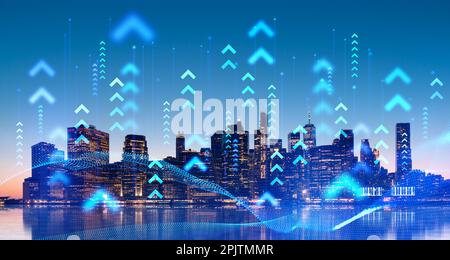 Blurry network and arrows hologram over night New York city background and its reflection. Concept of internet connection and smart city Stock Photo