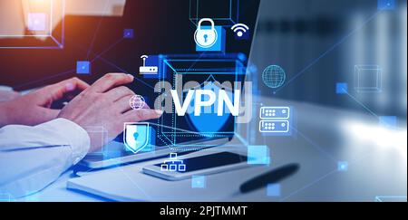 Man fingers typing on laptop, VPN and private network hologram. Data storage and protection in cyberspace, digital icons hologram. Concept of anonymou Stock Photo