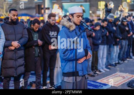 Prayer and breaking fast during ramadan in London. Stock Photo