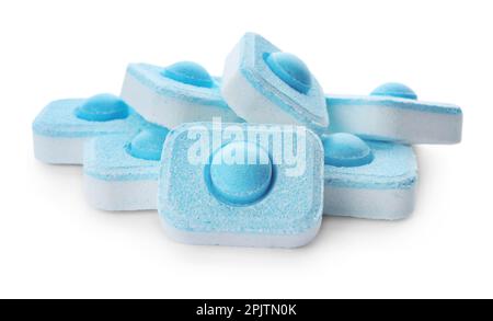 Pile of water softener tablets isolated on white Stock Photo