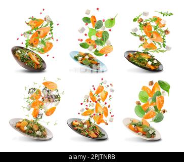 Tasty ingredients for persimmon salad falling into plate on white background, collage Stock Photo