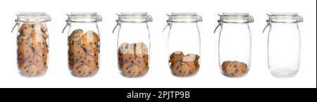 Glass jars with tasty chocolate chip cookies and empty one on white background, collage. Banner design Stock Photo