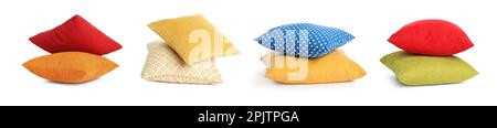 Set with different stylish decorative pillows on white background. Banner design Stock Photo