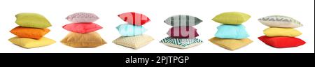 Set with different stylish decorative pillows on white background. Banner design Stock Photo