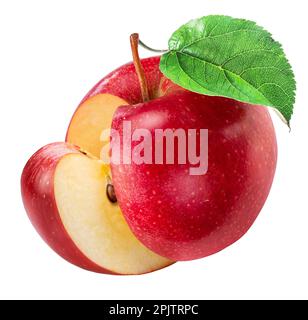 Red apple with apple slice and green leaf isolated on white background. Clipping path. Stock Photo