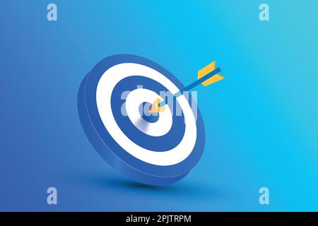 Blue dart arrow hitting in the target center of dartboard Stock Vector