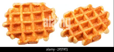 Two Belgian waffles with deep pockets for filling isolated on white background. Stock Photo