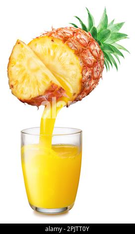 Glass of pineapple juice and fresh juice pouring from pineapple fruit into the glass isolated on a white background. Stock Photo