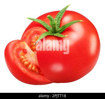 Ripe tomato with tomato slice isolated on white background. Macro shot. File contains clipping path. Stock Photo