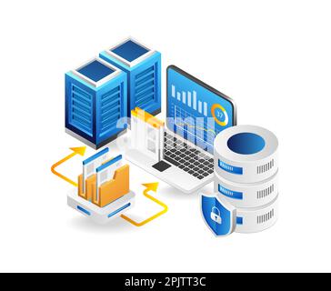 3d isometric illustration concept of maintaining big data web hosting server Stock Photo