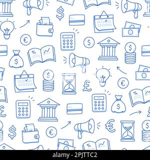 Money, business doodle seamless pattern background. Bank profit, money economy, finance doodle sketch style pattern with coin, megaphone, calculator element. Vector illustration Stock Vector