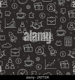 Business job icon doodle seamless pattern background. Business teamwork, office, career concept doodle line sketch style pattern with money, rocket, calculator element. Vector illustration Stock Vector