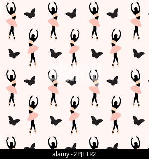 Seamless pattern of a faceless dancing ballerina silhouette with the butterfly on pink background Stock Vector