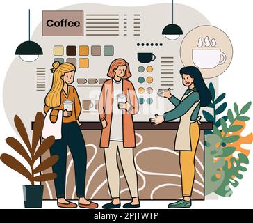 Female barista talking to customer in cafe illustration in doodle style isolated on background Stock Vector