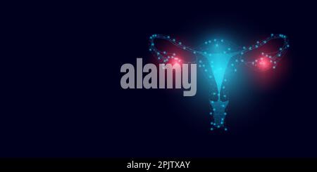 World ovarian cancer awareness day concept. Banner template with text and glowing low poly uterus and ovarian. Modern abstract dark background. Vector Stock Vector