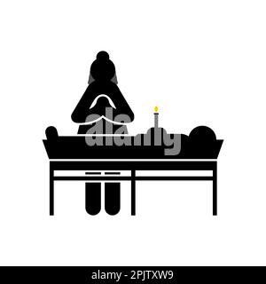 Widow sign icon. Widow at coffin. Funeral and deceased. concept of sorrow and suffering Stock Vector