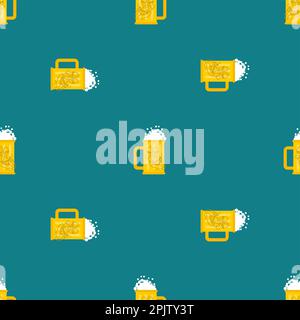 Drunk beer mug cartoon pattern seamless. Alcoholic background Stock Vector