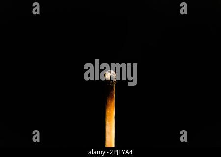A lit match with smoke on a black background, macro photography. An extinguished match with smoke. Stock Photo