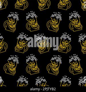 Drunk beer mug cartoon pattern seamless. Alcoholic background Stock Vector